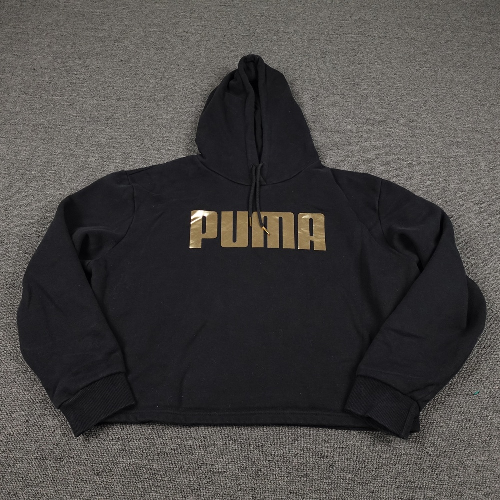 PUMA Hoodie Mens Medium Black Gold Logo Graphic Pullover Fleece Sweatshirt